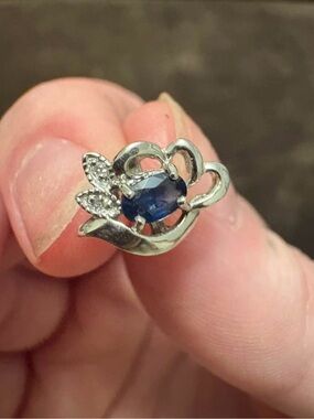 14K White Gold- Vintage Blue Sapphire Earrings with Diamond Accents